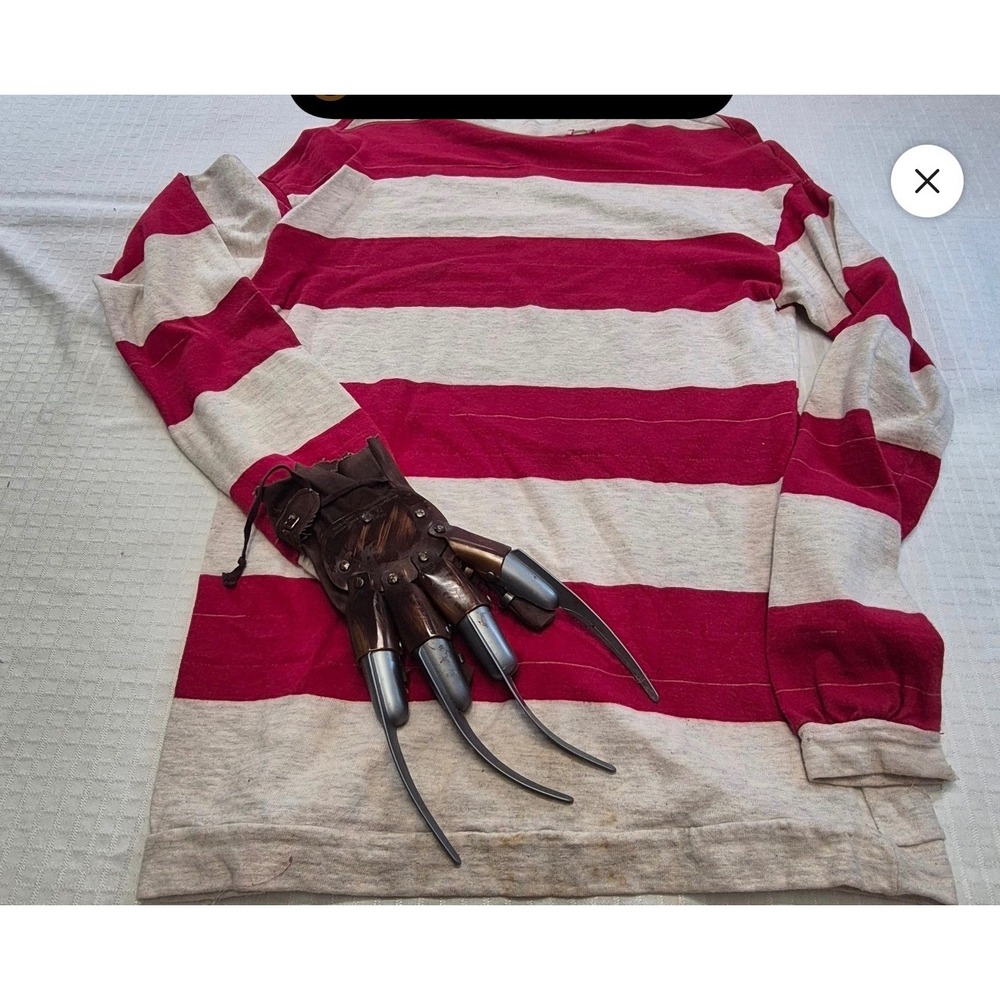 Vintage Freddy Krueger Costume Red Stripe Shirt + 1984 Elm Street Claw Glove S/M